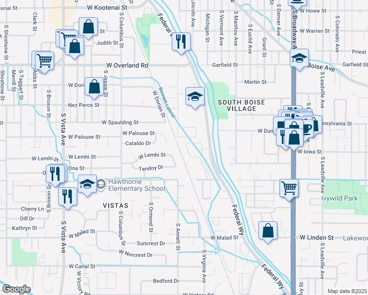map of restaurants, bars, coffee shops, grocery stores, and more near 2001 South Hudson Avenue in Boise
