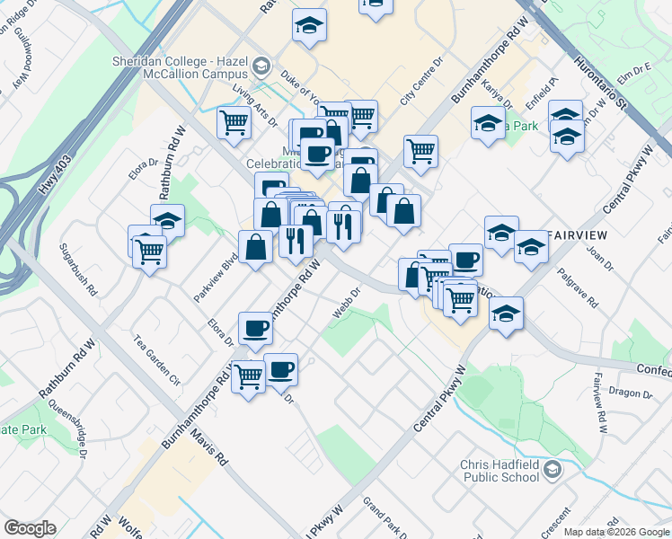 map of restaurants, bars, coffee shops, grocery stores, and more near 3900 Confederation Parkway in Mississauga