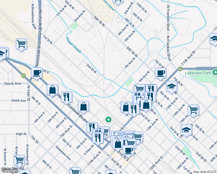 map of restaurants, bars, coffee shops, grocery stores, and more near 716 1st Street North in Nampa