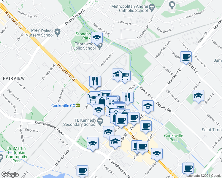 map of restaurants, bars, coffee shops, grocery stores, and more near 3131 Jaguar Valley Drive in Mississauga