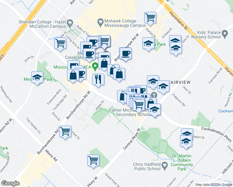 map of restaurants, bars, coffee shops, grocery stores, and more near in Mississauga