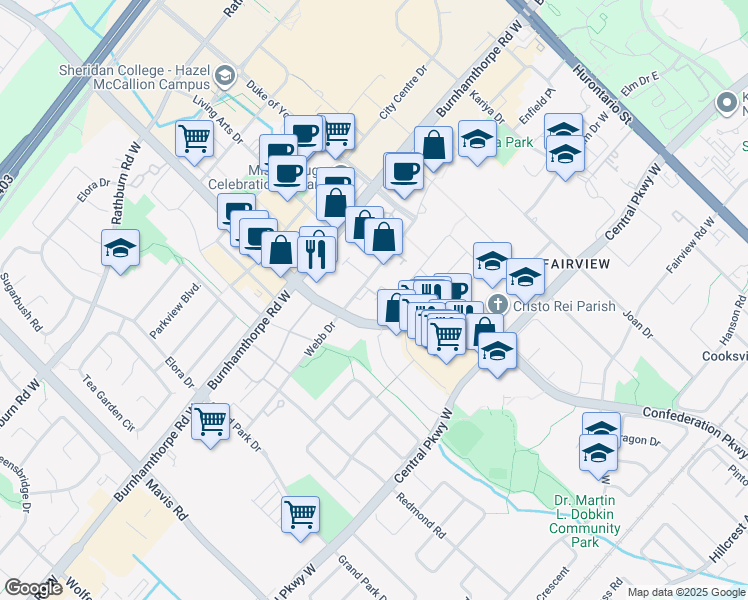 map of restaurants, bars, coffee shops, grocery stores, and more near in Mississauga