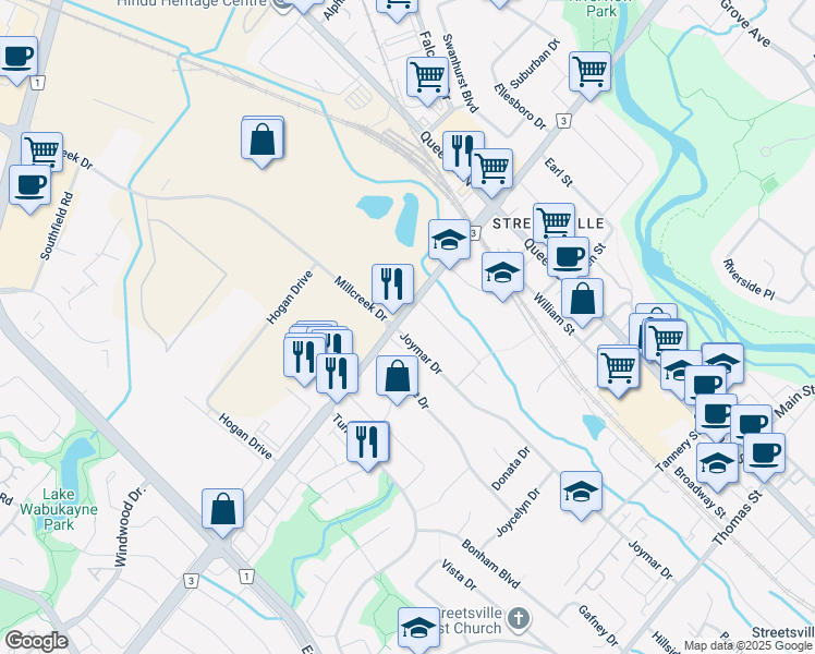 map of restaurants, bars, coffee shops, grocery stores, and more near in Mississauga