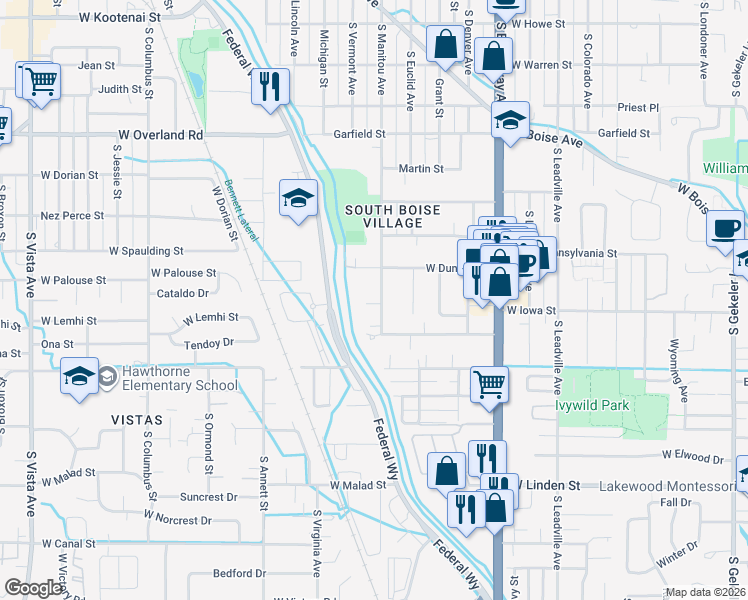 map of restaurants, bars, coffee shops, grocery stores, and more near 2165 South Manitou Avenue in Boise