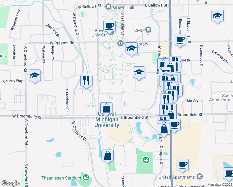 map of restaurants, bars, coffee shops, grocery stores, and more near 197 Ojibway Court in Mount Pleasant