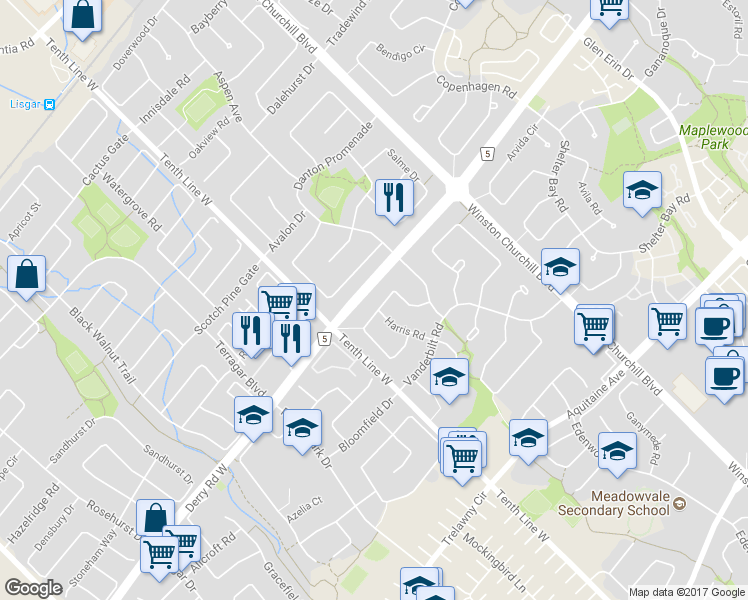 map of restaurants, bars, coffee shops, grocery stores, and more near 7022 Cordingley Crescent in Mississauga