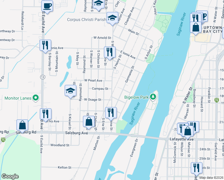 map of restaurants, bars, coffee shops, grocery stores, and more near 101 East Osage Street in Bay City