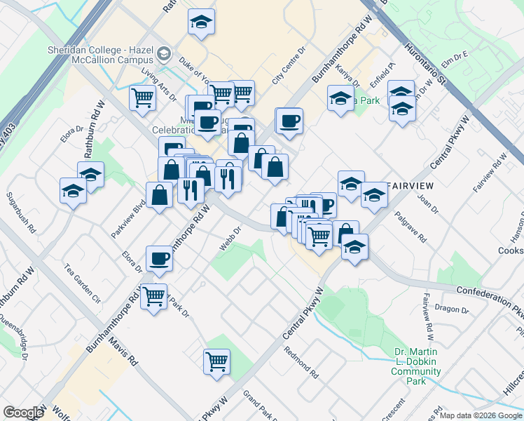 map of restaurants, bars, coffee shops, grocery stores, and more near 350 Webb Drive in Mississauga