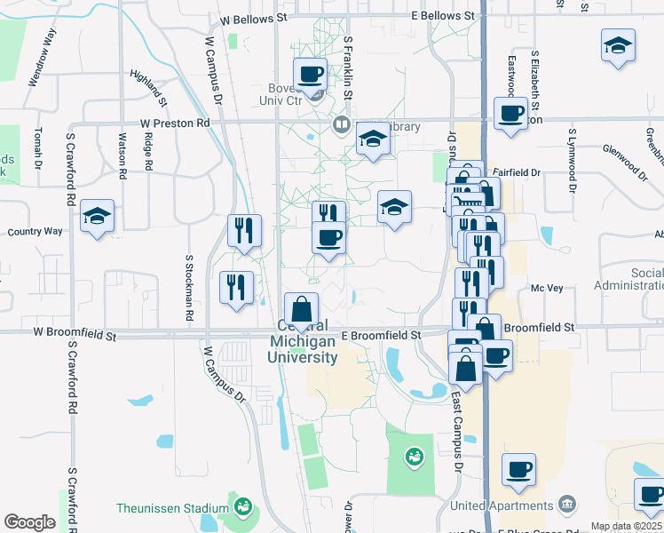 map of restaurants, bars, coffee shops, grocery stores, and more near 197 Ojibway Court in Mount Pleasant