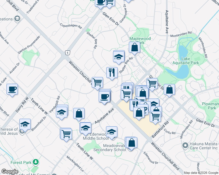 map of restaurants, bars, coffee shops, grocery stores, and more near 6780 Formentera Avenue in Mississauga