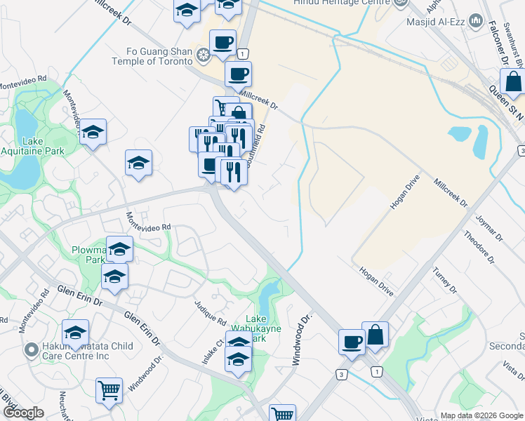map of restaurants, bars, coffee shops, grocery stores, and more near 6310 Battleford Road in Mississauga