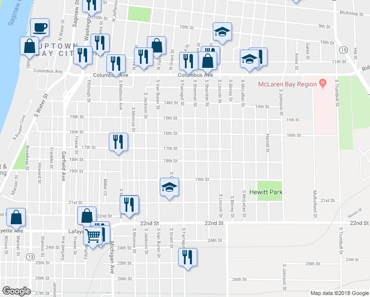 map of restaurants, bars, coffee shops, grocery stores, and more near 1415 17th Street in Bay City