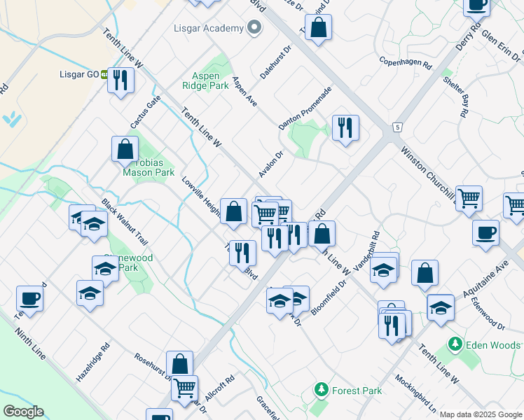 map of restaurants, bars, coffee shops, grocery stores, and more near 3230 Redpath Circle in Mississauga
