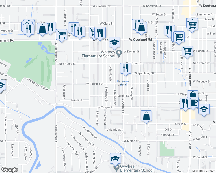 map of restaurants, bars, coffee shops, grocery stores, and more near 2006 South Atlantic Street in Boise