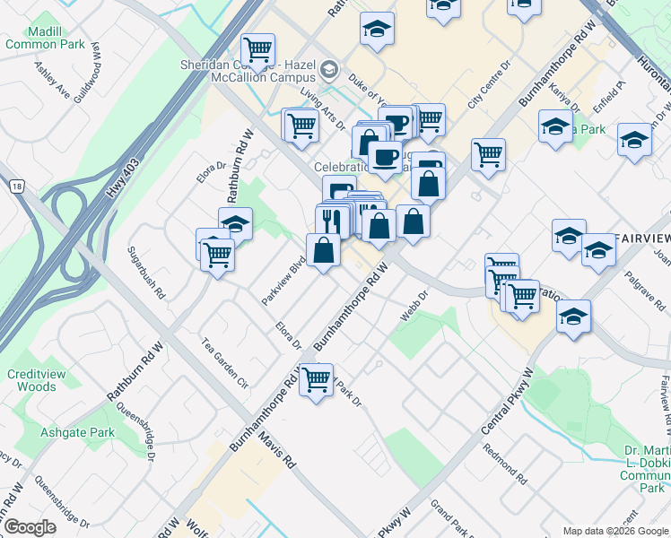 map of restaurants, bars, coffee shops, grocery stores, and more near 4030 Parkside Village Drive in Mississauga
