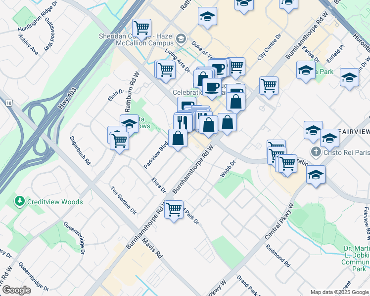 map of restaurants, bars, coffee shops, grocery stores, and more near 4030 Parkside Village Drive in Mississauga