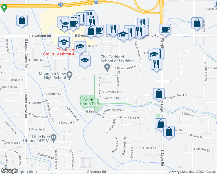 map of restaurants, bars, coffee shops, grocery stores, and more near 2516 East Blue Tick Street in Meridian