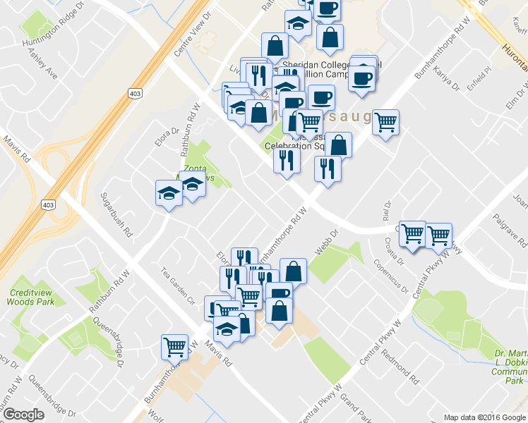 map of restaurants, bars, coffee shops, grocery stores, and more near 4070 Parkside Village Drive in Mississauga