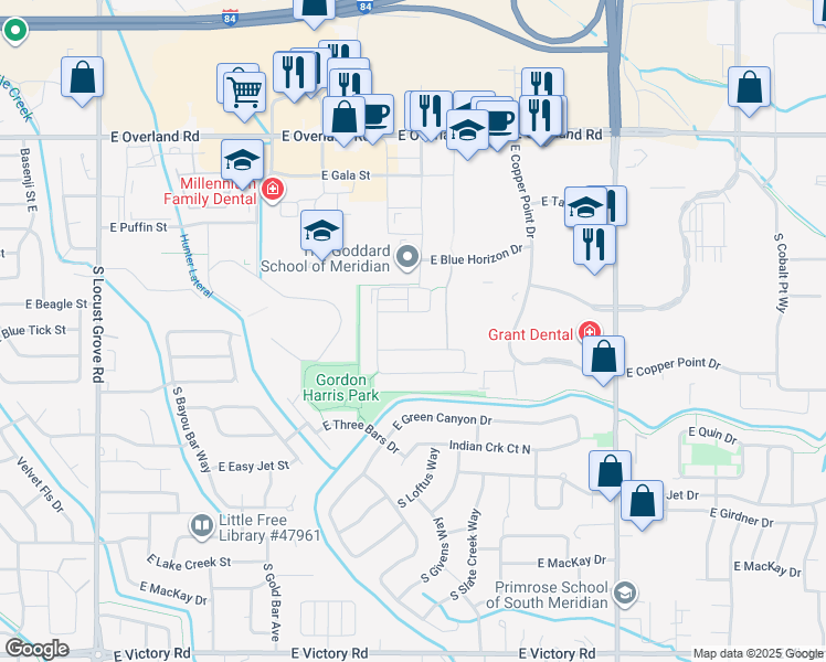 map of restaurants, bars, coffee shops, grocery stores, and more near 2549 East Blue Tick Street in Meridian