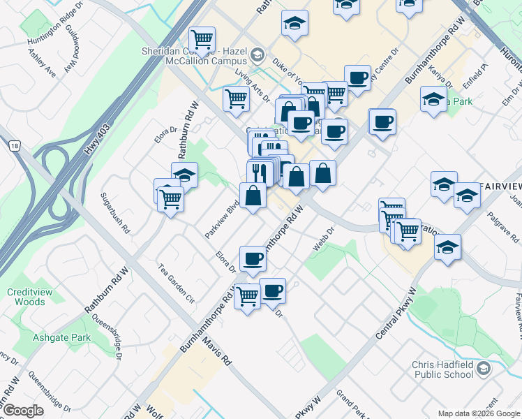 map of restaurants, bars, coffee shops, grocery stores, and more near 4030 Parkside Village Drive in Mississauga
