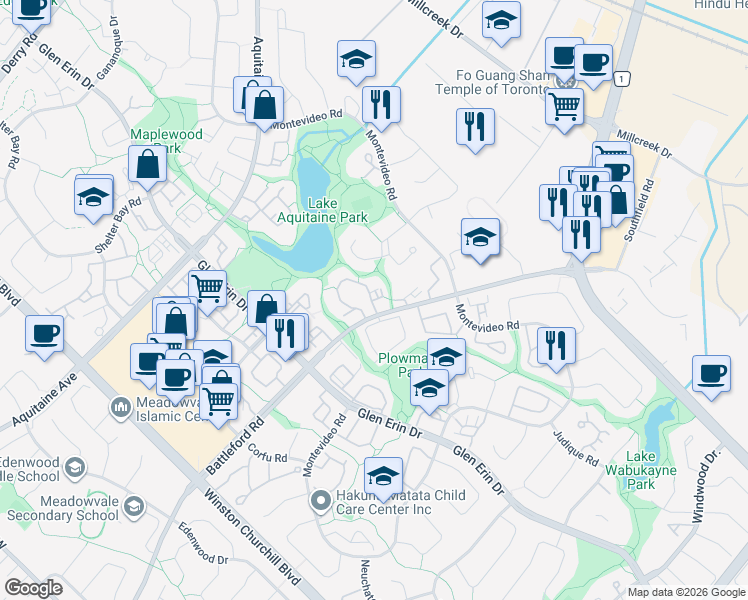 map of restaurants, bars, coffee shops, grocery stores, and more near 2699 Battleford Road in Mississauga