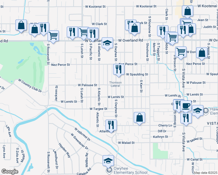 map of restaurants, bars, coffee shops, grocery stores, and more near 2004 South Arcadia Street in Boise