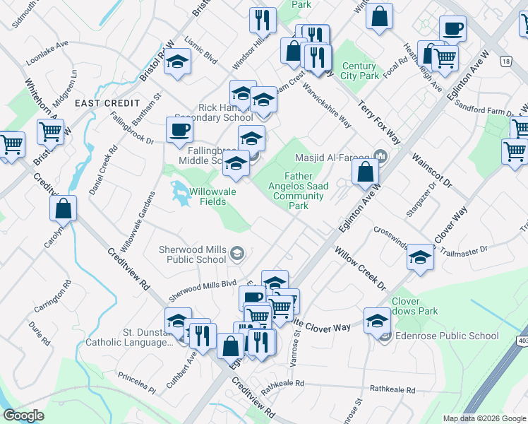 map of restaurants, bars, coffee shops, grocery stores, and more near 5103 Silverwater Mill Crescent in Mississauga
