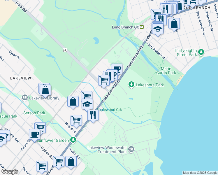 map of restaurants, bars, coffee shops, grocery stores, and more near 1381 Lakeshore Road East in Mississauga