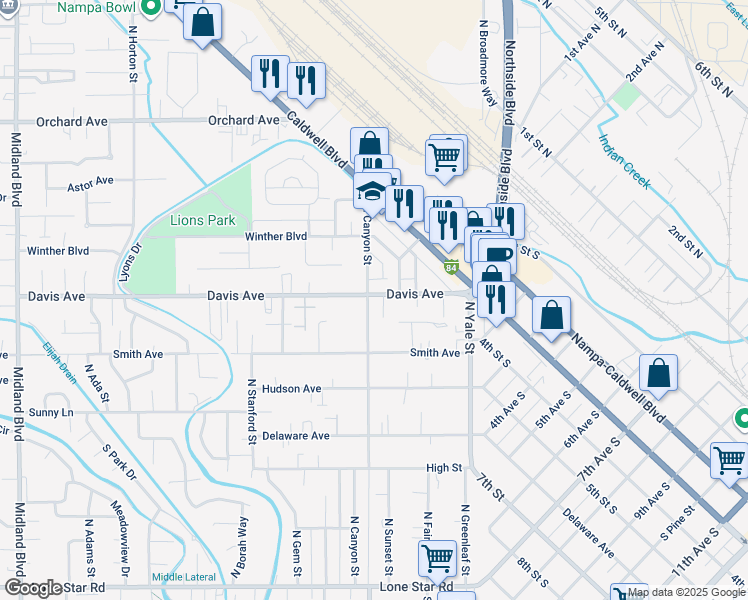 map of restaurants, bars, coffee shops, grocery stores, and more near 142 North Canyon Street in Nampa