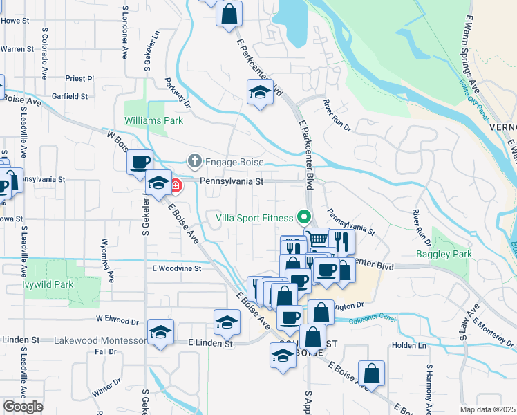 map of restaurants, bars, coffee shops, grocery stores, and more near 2108 South Amy Avenue in Boise