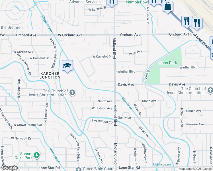 map of restaurants, bars, coffee shops, grocery stores, and more near 1114 Summerwind Place in Nampa
