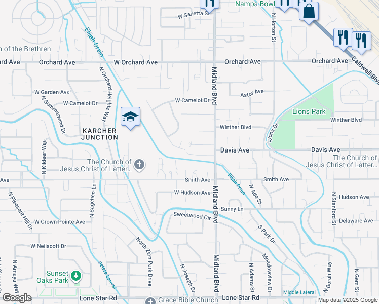 map of restaurants, bars, coffee shops, grocery stores, and more near 1114 Summerwind Place in Nampa