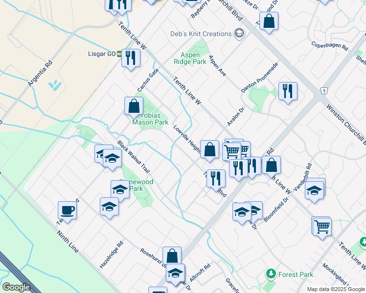 map of restaurants, bars, coffee shops, grocery stores, and more near 7197 Terragar Boulevard in Mississauga