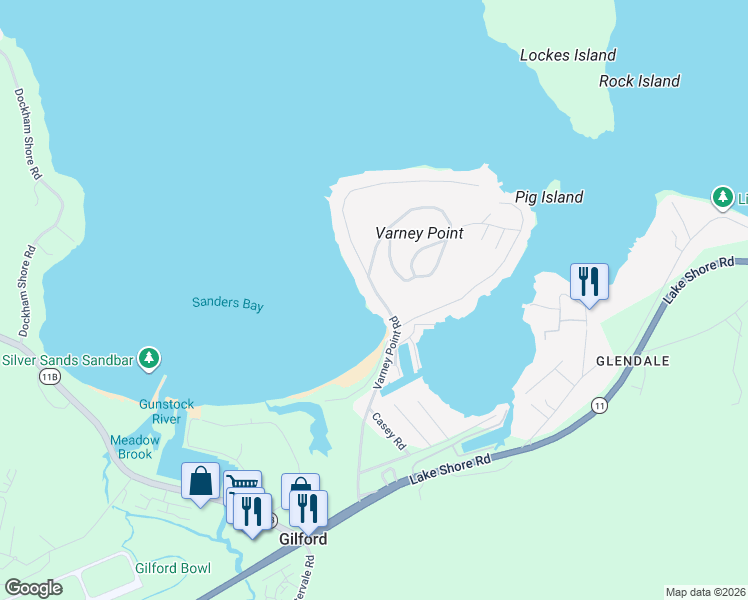 map of restaurants, bars, coffee shops, grocery stores, and more near 134 Heights Road in Gilford