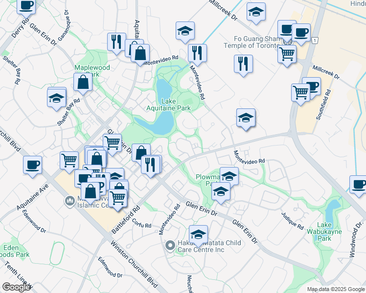 map of restaurants, bars, coffee shops, grocery stores, and more near 2699 Battleford Road in Mississauga