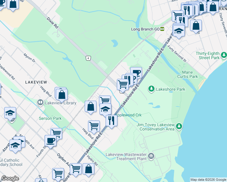 map of restaurants, bars, coffee shops, grocery stores, and more near 1345 Saint James Avenue in Mississauga
