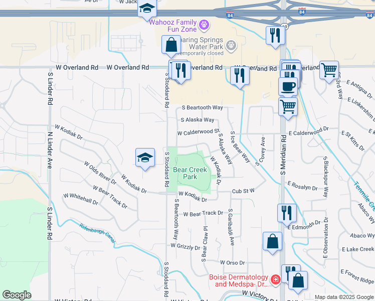 map of restaurants, bars, coffee shops, grocery stores, and more near 673 West Christopher Street in Meridian