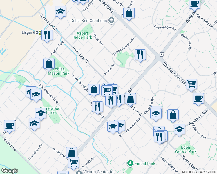 map of restaurants, bars, coffee shops, grocery stores, and more near 3317 Redpath Circle in Mississauga