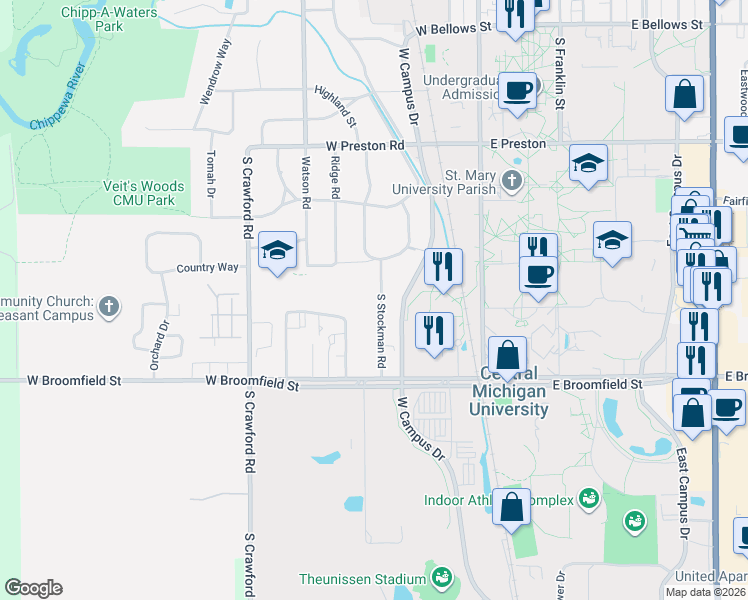 map of restaurants, bars, coffee shops, grocery stores, and more near 1701 South Stockman Road in Mount Pleasant