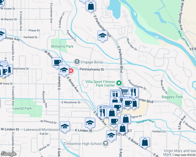 map of restaurants, bars, coffee shops, grocery stores, and more near 2108 South Amy Avenue in Boise