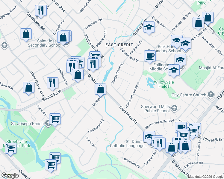 map of restaurants, bars, coffee shops, grocery stores, and more near 1422 Daniel Creek Road in Mississauga