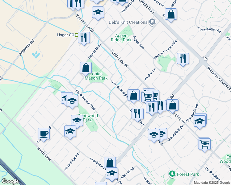 map of restaurants, bars, coffee shops, grocery stores, and more near 7182 Lowville Heights in Mississauga