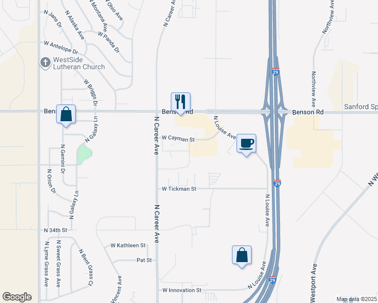 map of restaurants, bars, coffee shops, grocery stores, and more near 4101 West Cayman Street in Sioux Falls