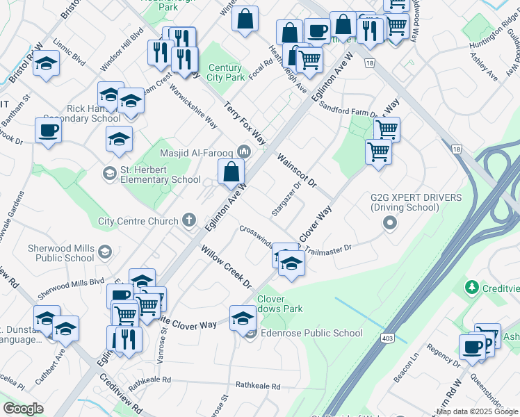 map of restaurants, bars, coffee shops, grocery stores, and more near 4611 Penhallow Road in Mississauga