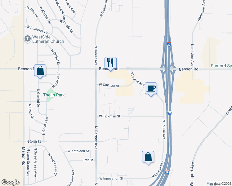 map of restaurants, bars, coffee shops, grocery stores, and more near 4101 West Cayman Street in Sioux Falls