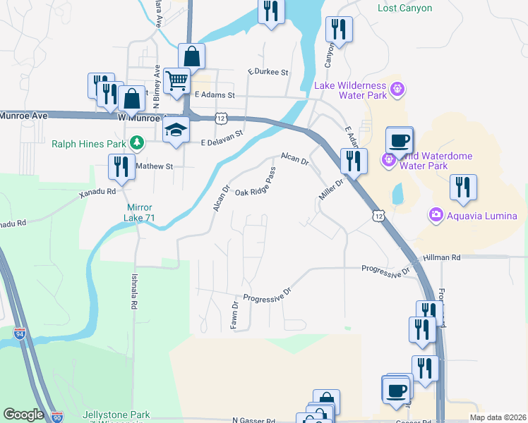 map of restaurants, bars, coffee shops, grocery stores, and more near 192 Oak Ridge Pass in Baraboo