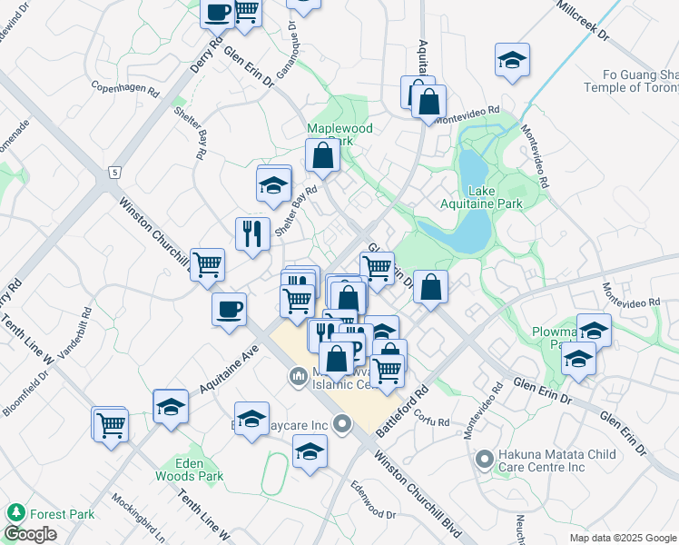 map of restaurants, bars, coffee shops, grocery stores, and more near 6830 Meadowvale Town Centre Circle in Mississauga