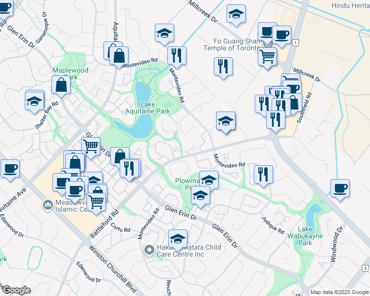 map of restaurants, bars, coffee shops, grocery stores, and more near 2645 Battleford Road in Mississauga