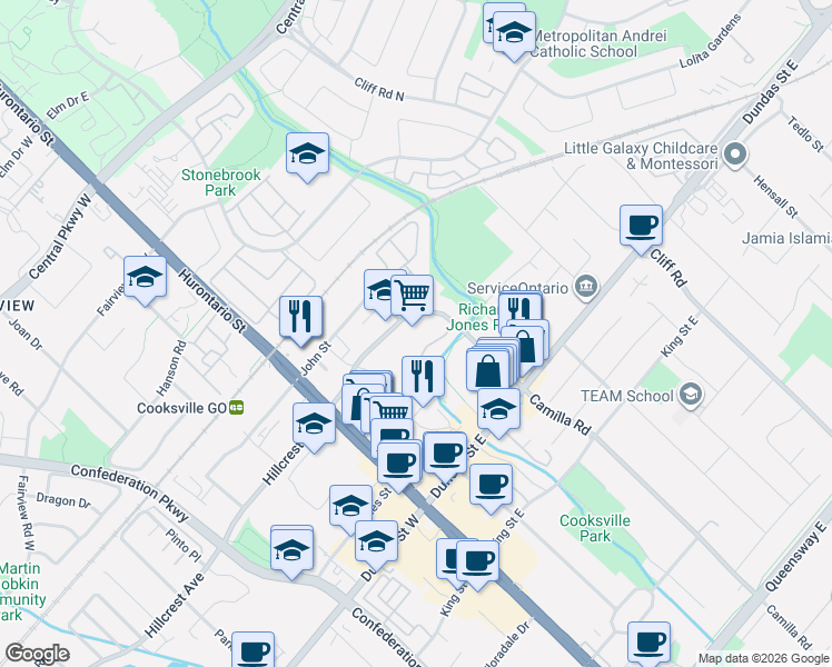 map of restaurants, bars, coffee shops, grocery stores, and more near 3120 Kirwin Avenue in Mississauga