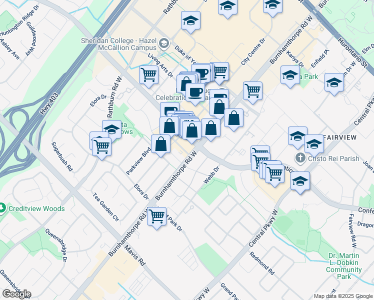 map of restaurants, bars, coffee shops, grocery stores, and more near in Mississauga